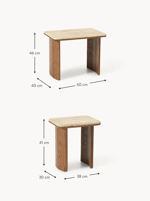 Chandler Oak Wood Side Tables with Travertine Top, Set of 2