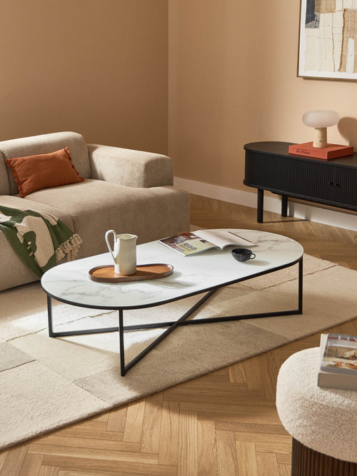Antigua Oval Coffee Table with Marble Effect Glass Top