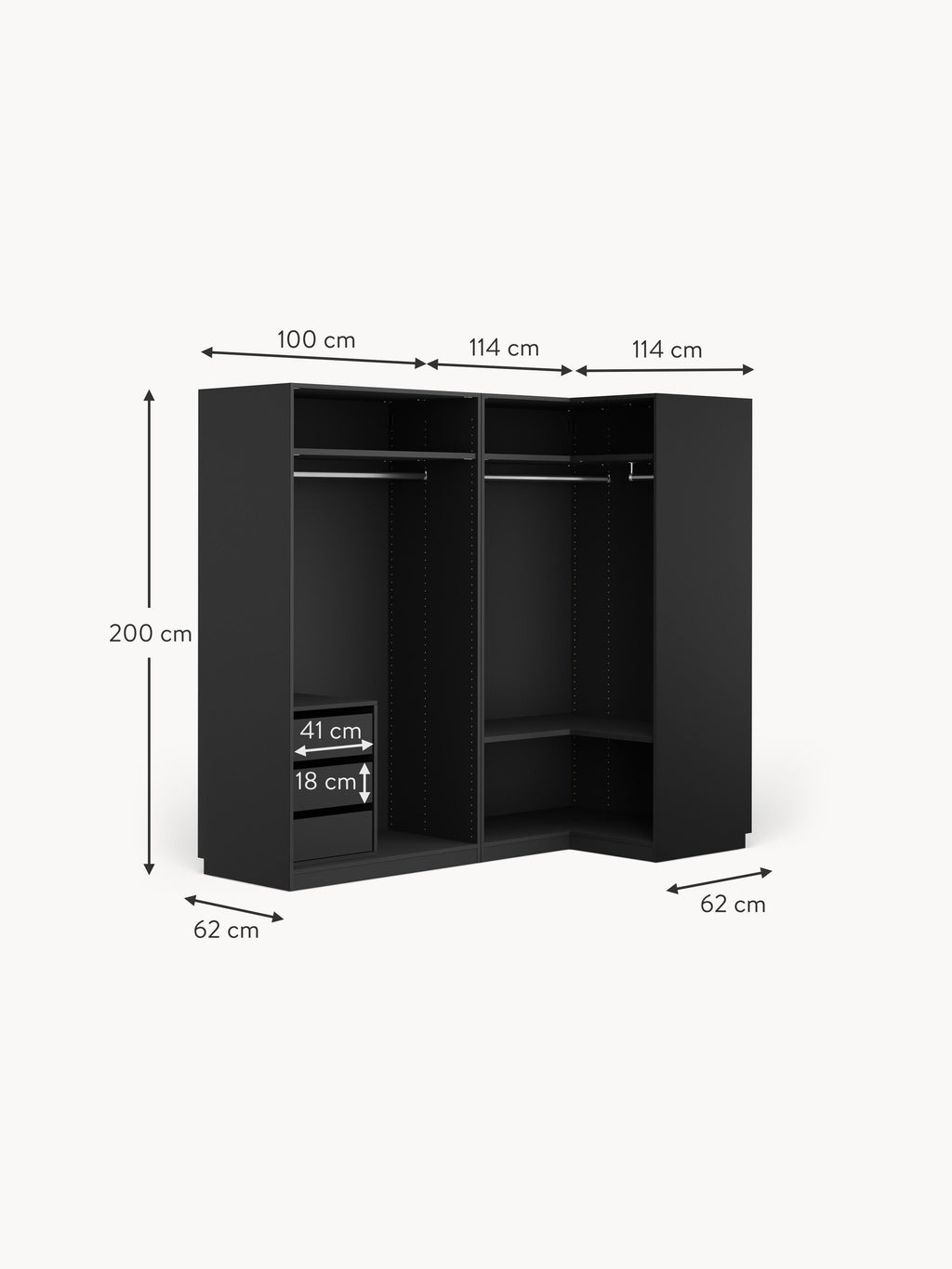 Leon Modular Corner Wardrobe, 215 cm Wide, in various sizes