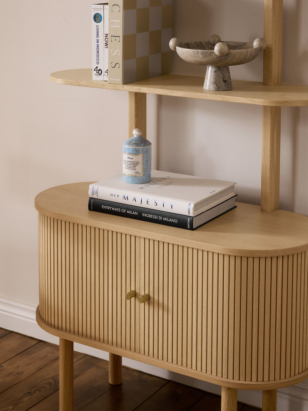 Calary Narrow Shelving Unit with Fluted Front